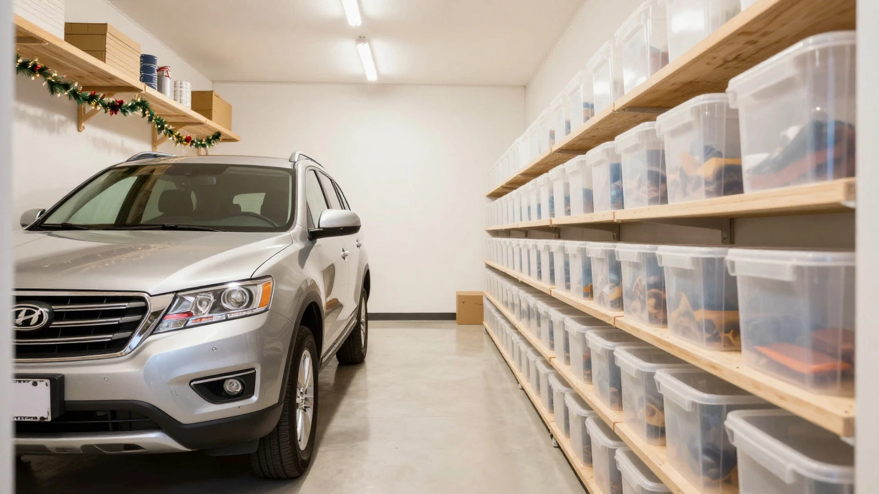 SUV parked alongside organized shelves and bins in a storage unit