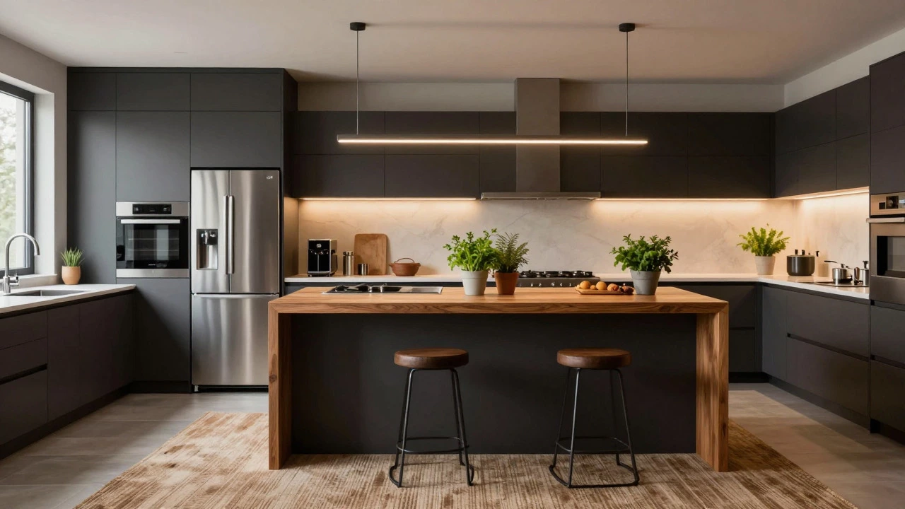 Transitional kitchen blending sleek modern cabinets with warm wooden island and plants