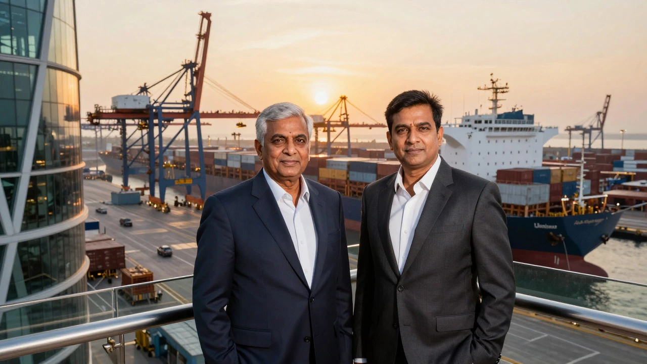 Two industrialists overlooking a busy modern port terminal at sunset