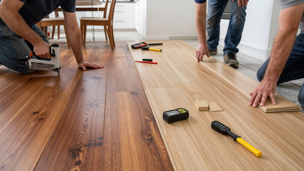 Workers installing hardwood and vinyl plank flooring in an open-plan space