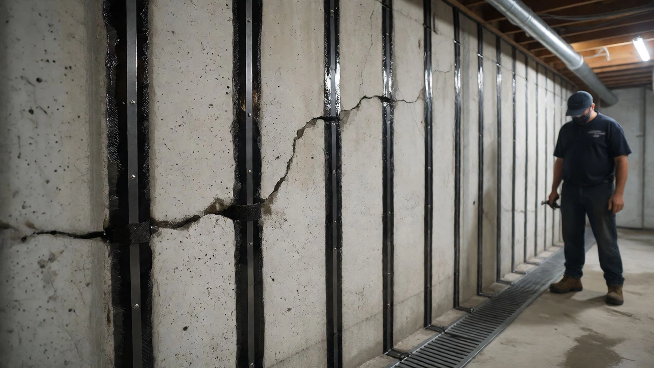 Carbon fiber straps installed on a cracked basement wall during structural repair work.