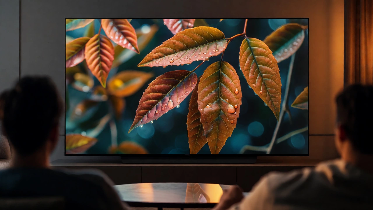 Close-up view of a detailed 4K TV screen from a comfortable seating position.
