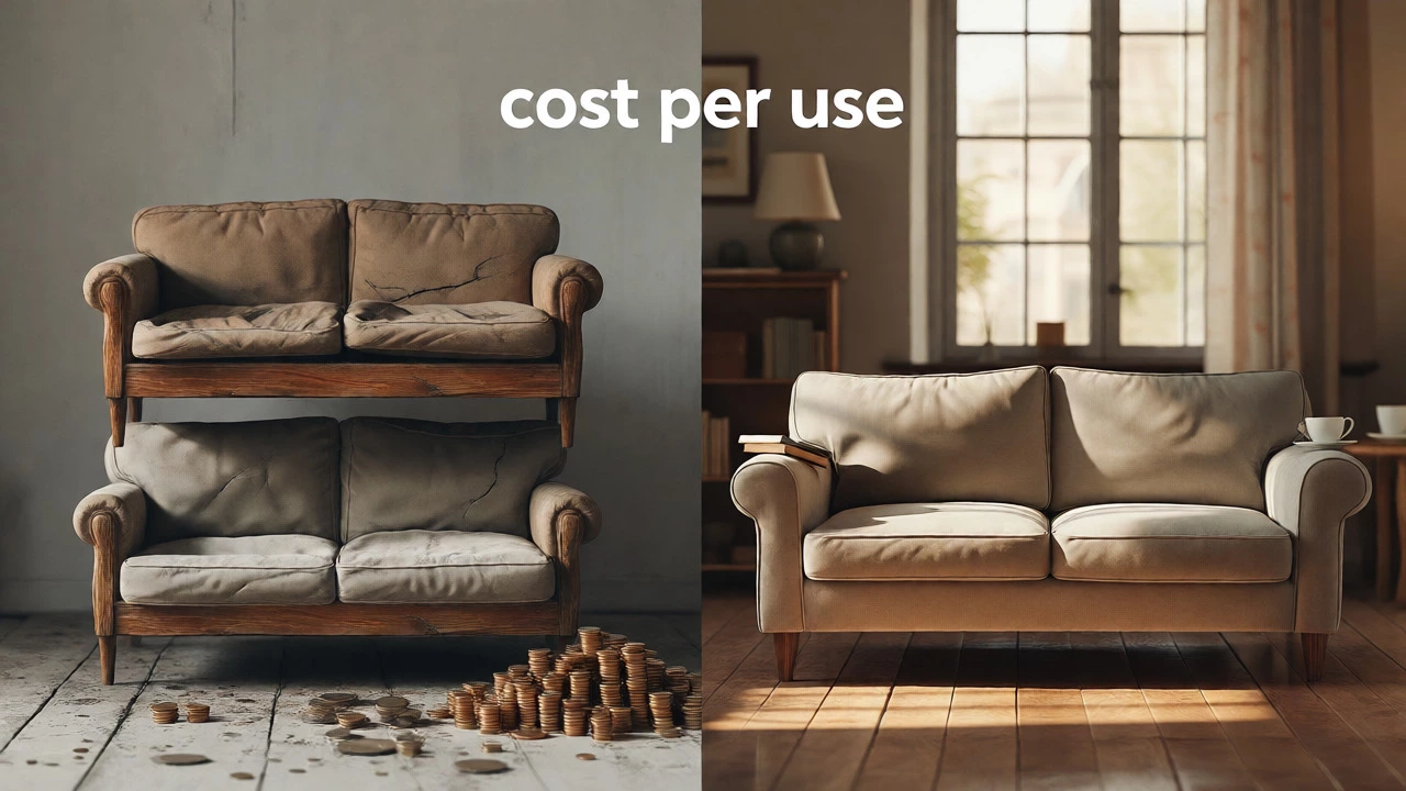 Conceptual image contrasting multiple cheap sofas with one long-lasting premium sofa in a home setting.