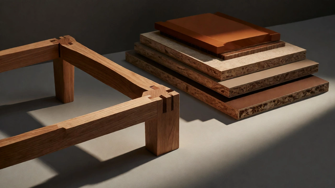 Cross-section of solid wood frame next to engineered board samples