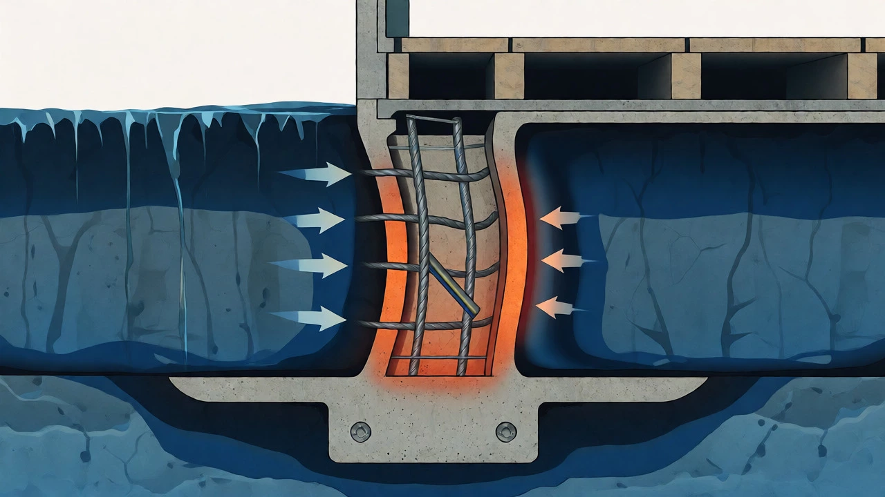 Diagram showing saturated soil exerting lateral pressure causing a foundation wall to bow inward.