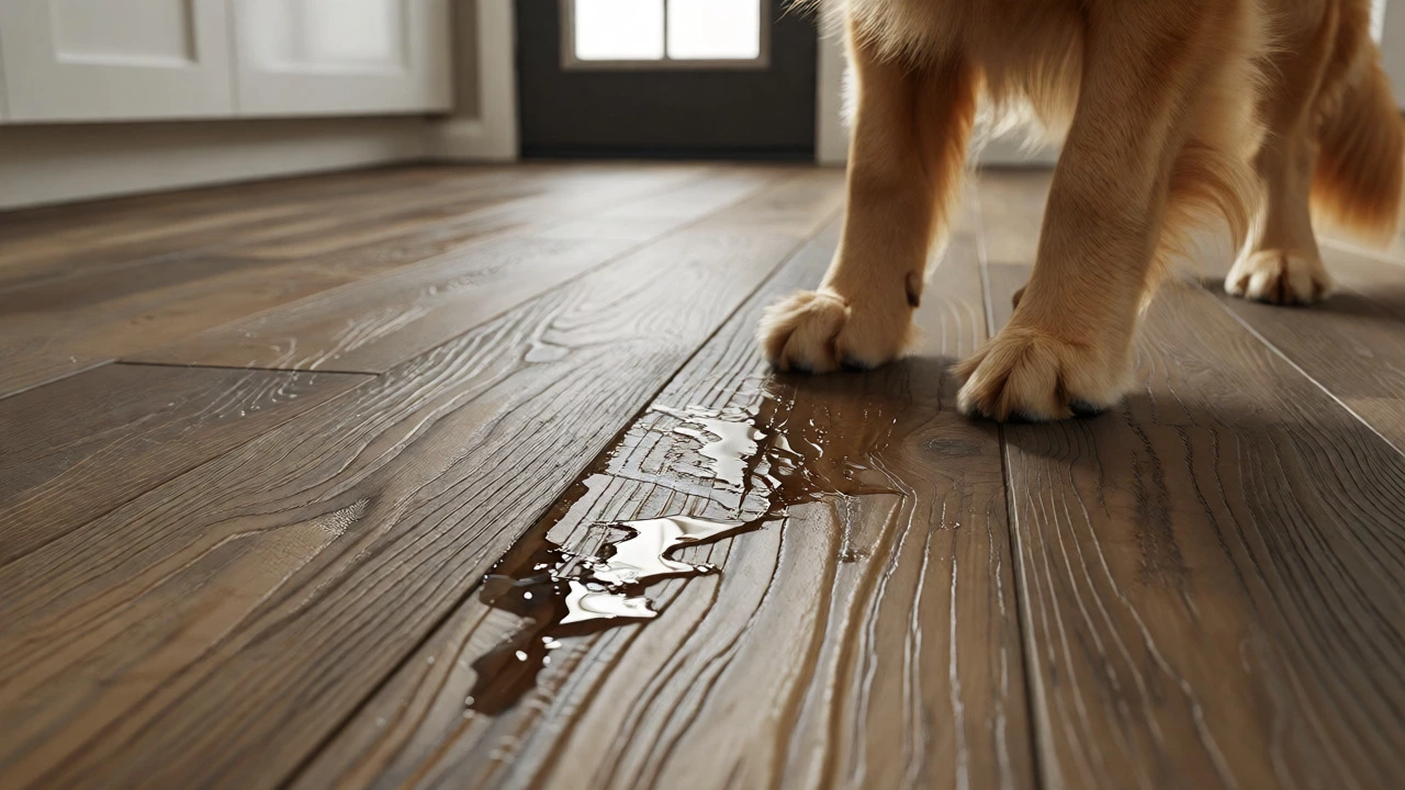 Durable luxury vinyl plank flooring with dog paws