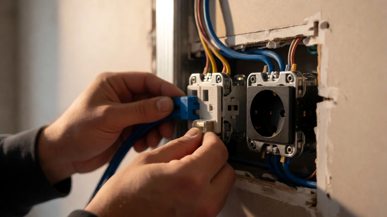 Electrician installing data and power points in new build wall