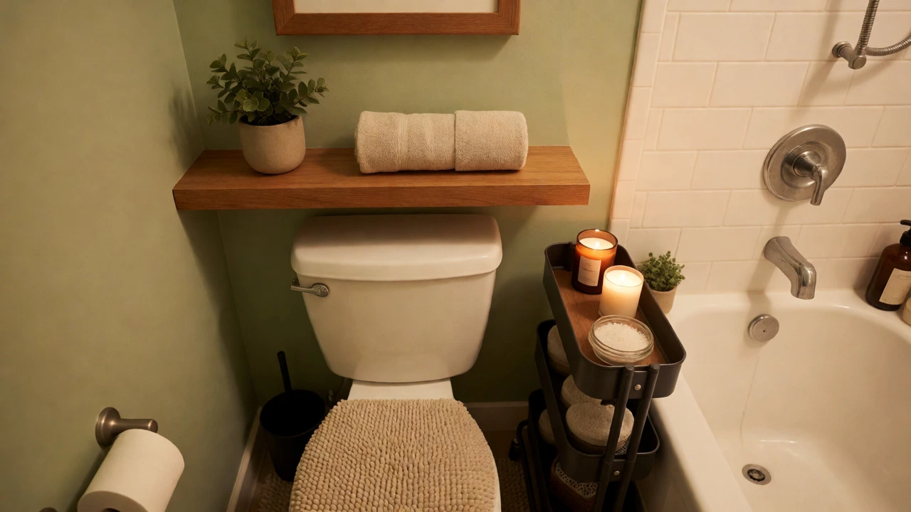 Floating shelf above toilet and rolling cart beside bathtub in warm bathroom