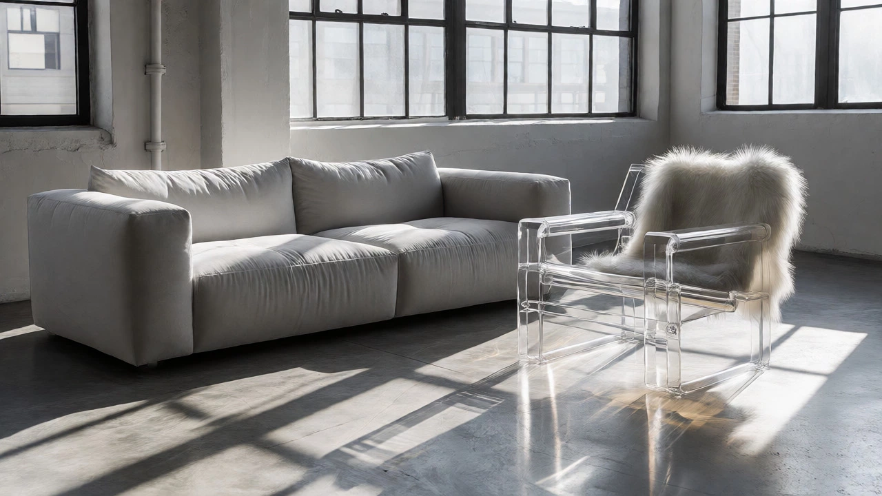 Gray sectional with transparent acrylic chair and faux fur in minimalist loft