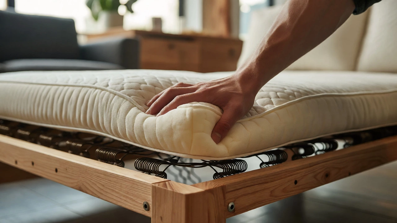 Hand pressing into a sofa cushion to demonstrate high-density foam resilience and frame quality.