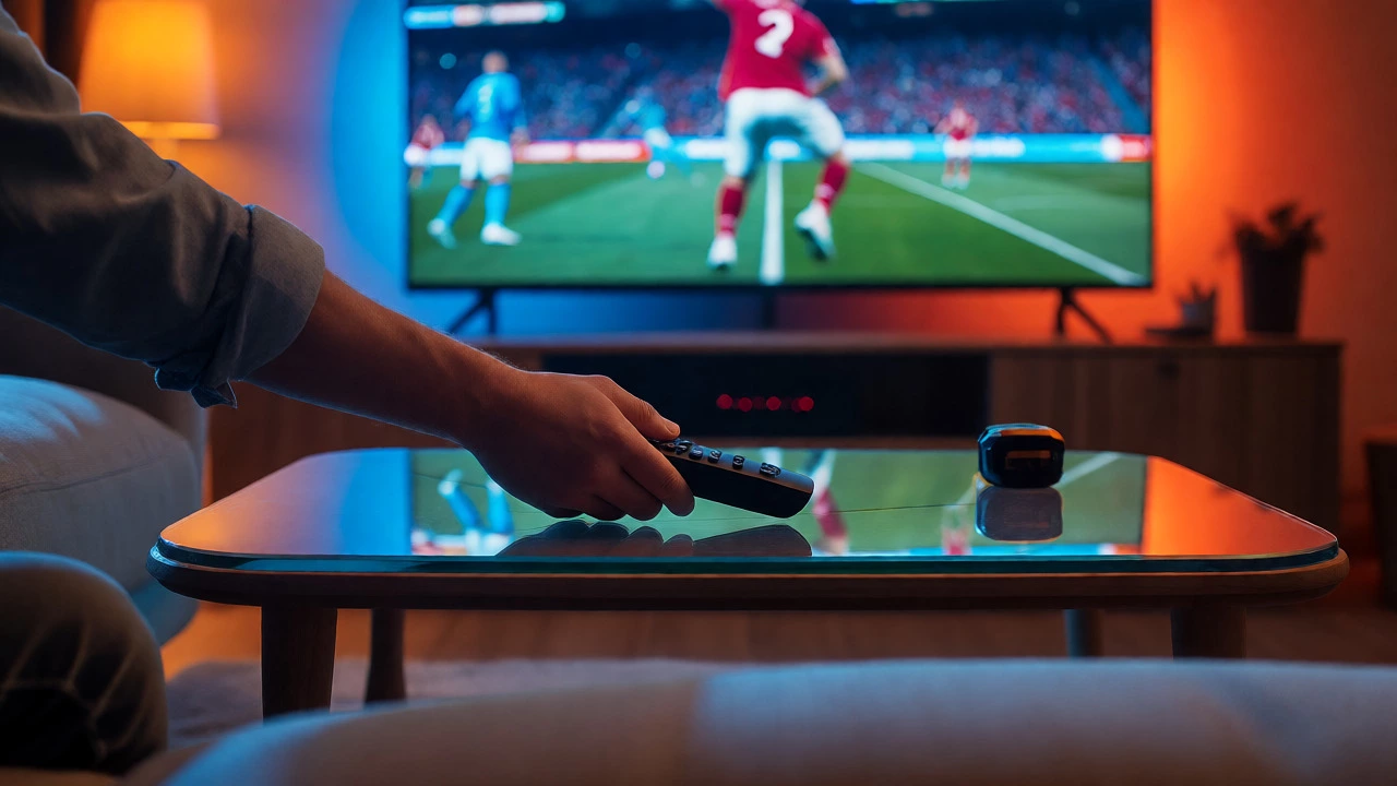 Hand reaching for remote on level-height coffee table during TV time