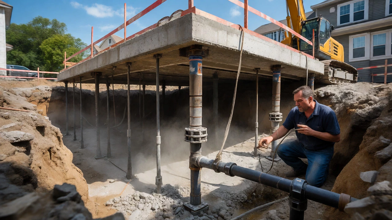 Hydraulic jacks lifting a house foundation during repair