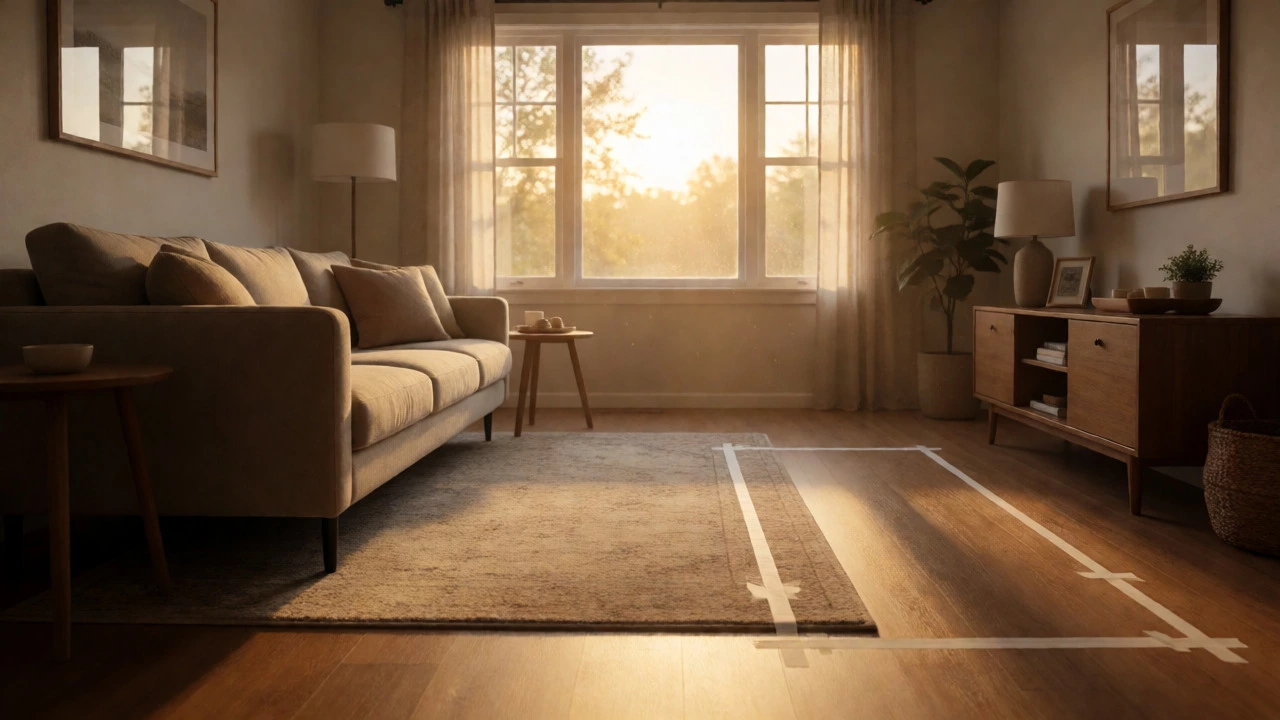 Living room space planning with floating furniture and floor tape