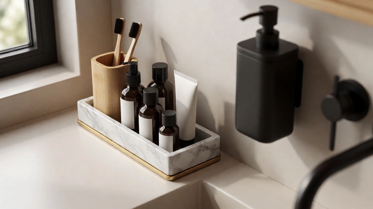 Marble tray organizing toiletries on a clean bathroom vanity counter