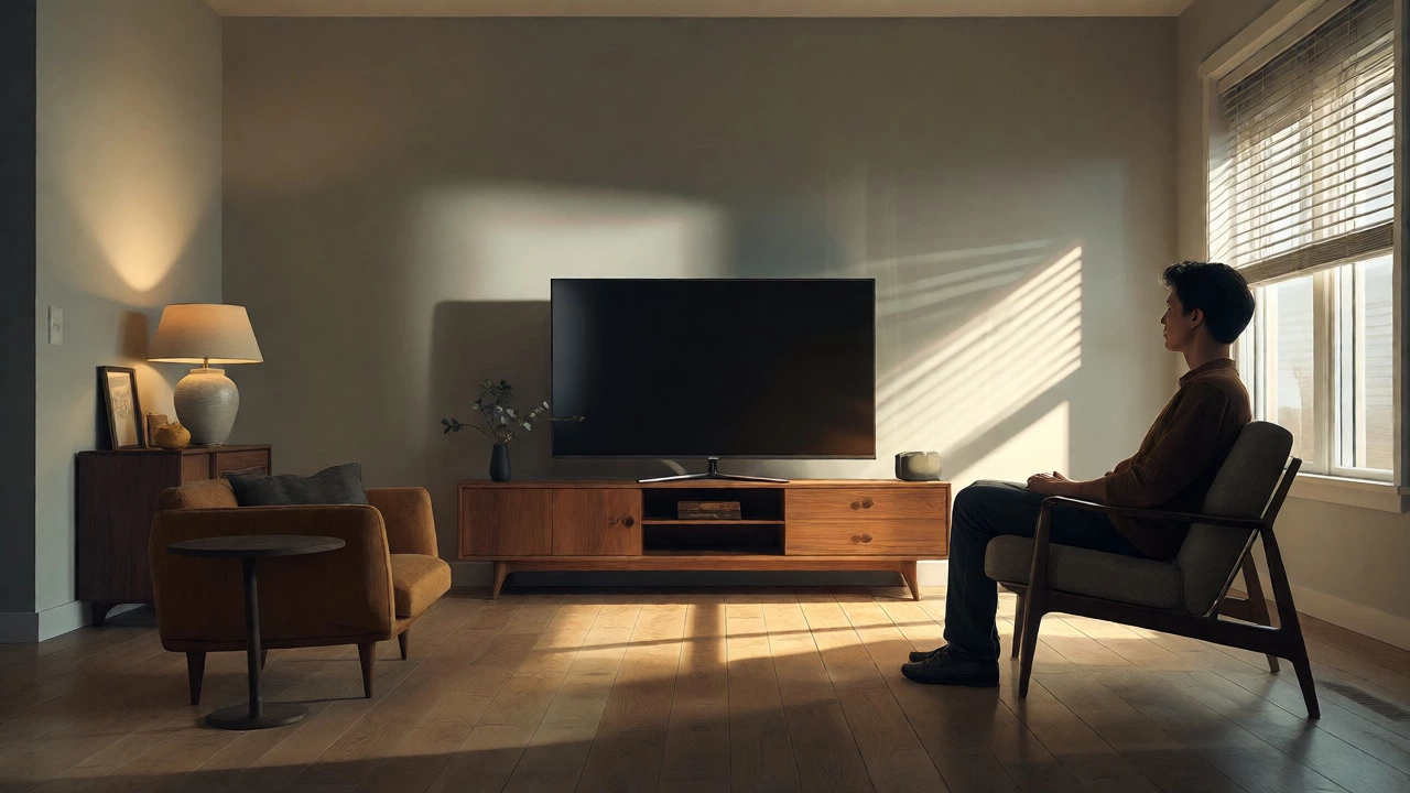 Person seated with eyes aligned to the center of a 55-inch TV on a stand.