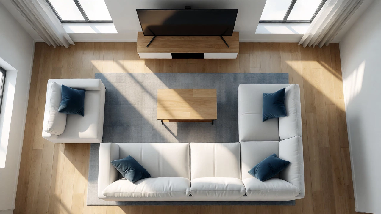 Top-down view of living room layout showing optimal TV viewing distance