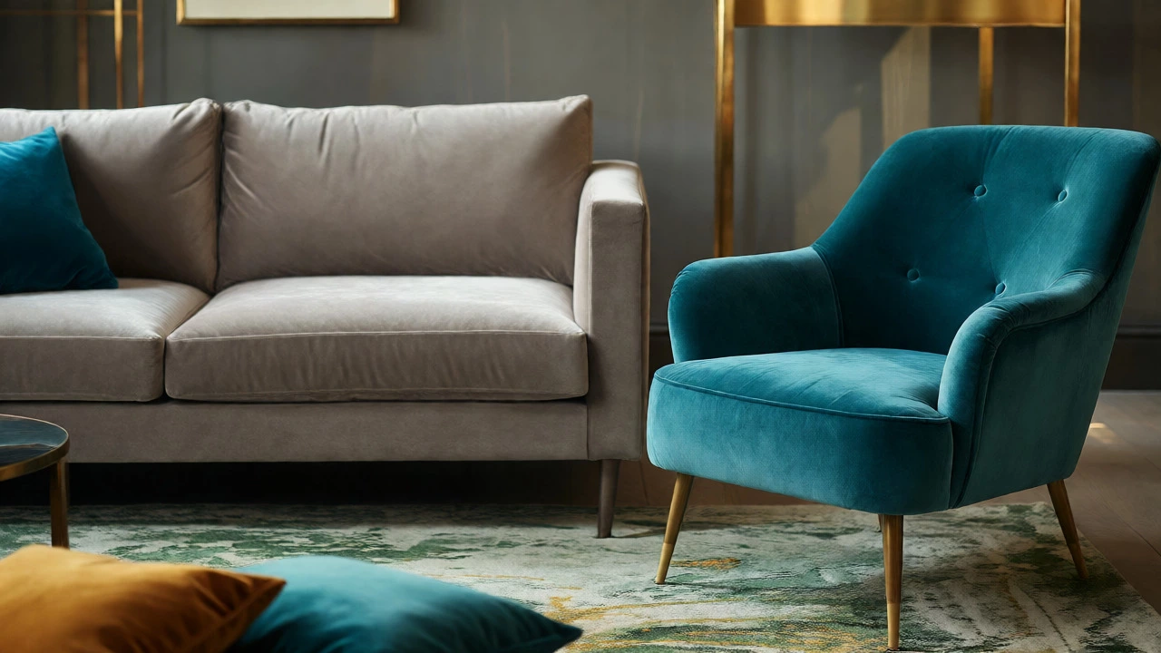 Warm gray velvet sofa next to vibrant teal accent chair with brass details