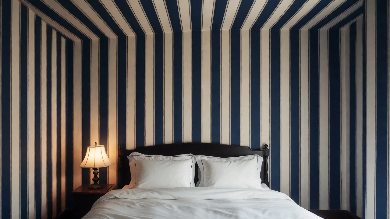 Bedroom with classic striped wallpaper on accent wall and ceiling for height effect.