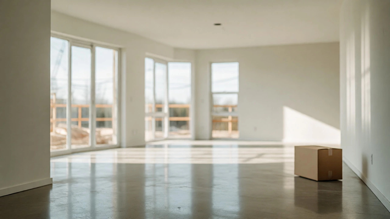 Bright, empty open-plan living room in a new build with sunlight streaming through large windows.