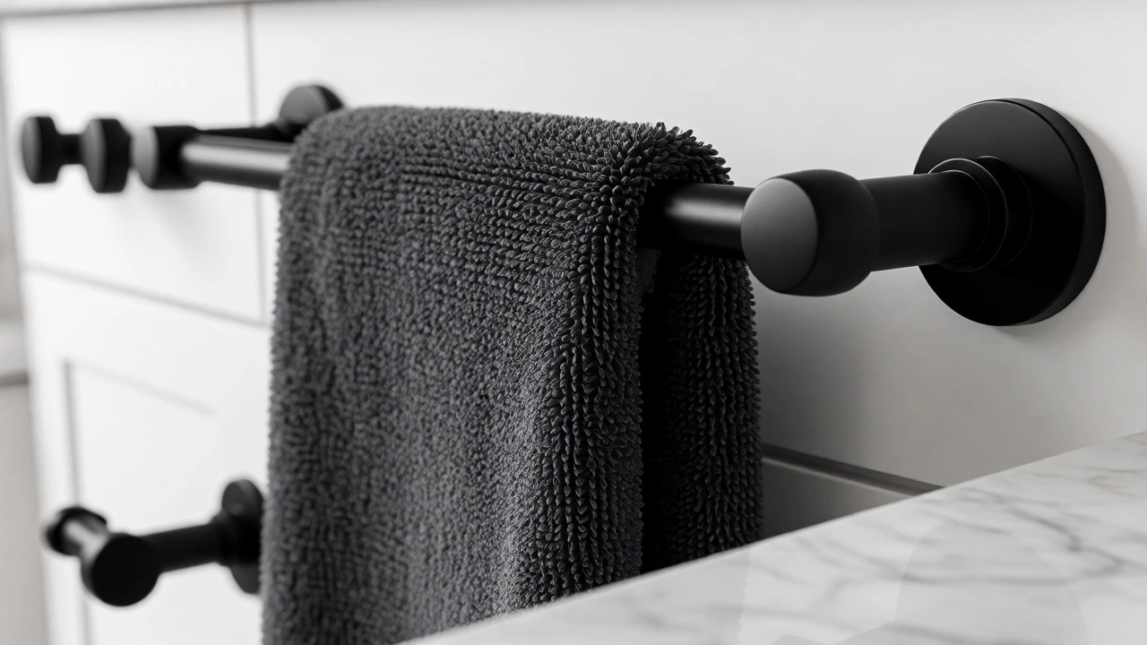 Close-up of matte black bathroom hardware and plush towels