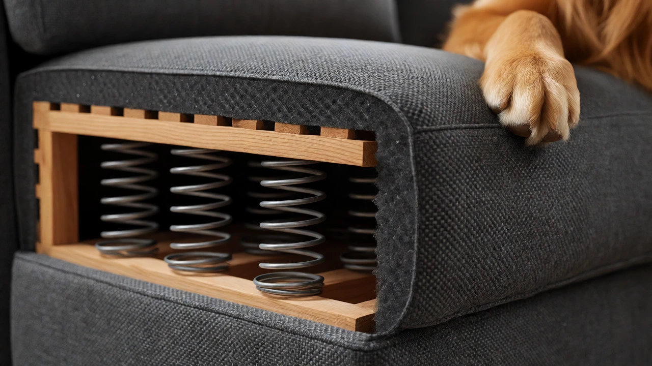 Close-up of sofa construction showing hardwood frame, springs, and durable fabric with a dog paw resting on it.