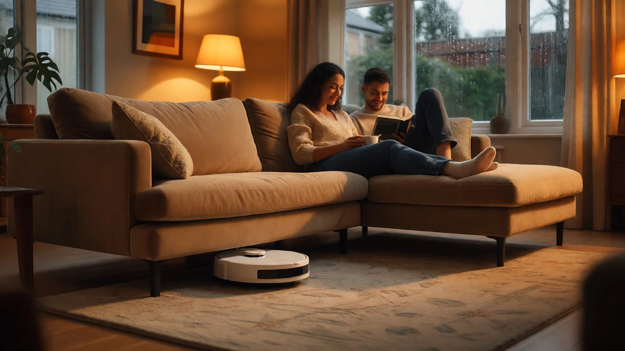 Couple relaxing on a velvet sectional sofa with robot vacuum cleaning underneath on a rainy day.