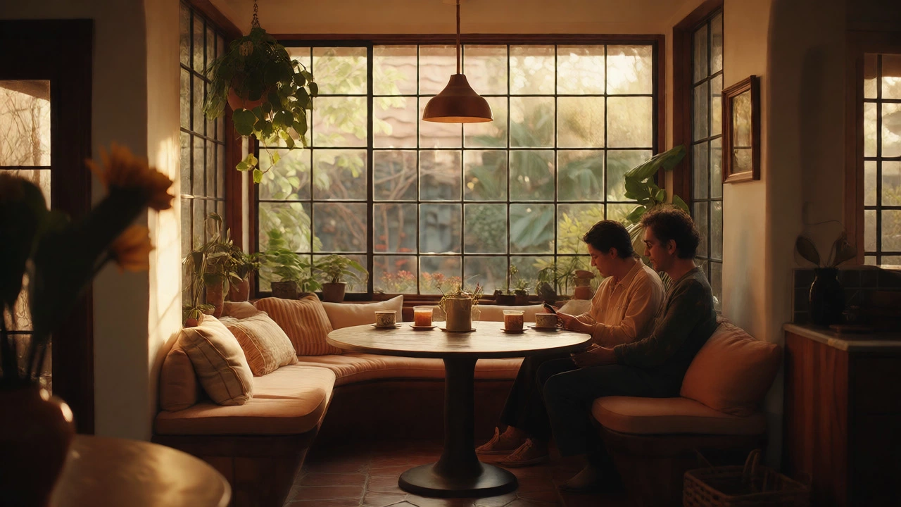 Cozy breakfast nook with a round table and banquette by a window.