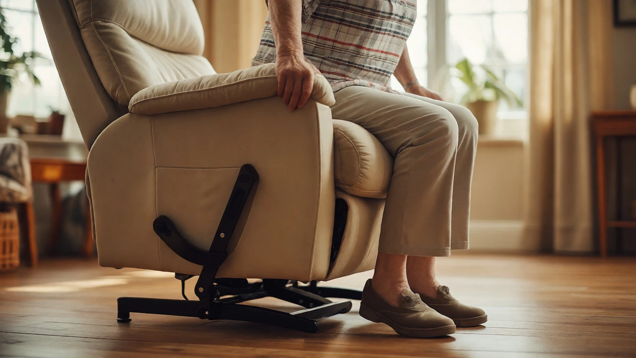 Elderly person being gently lifted to standing by a power lift recliner chair.