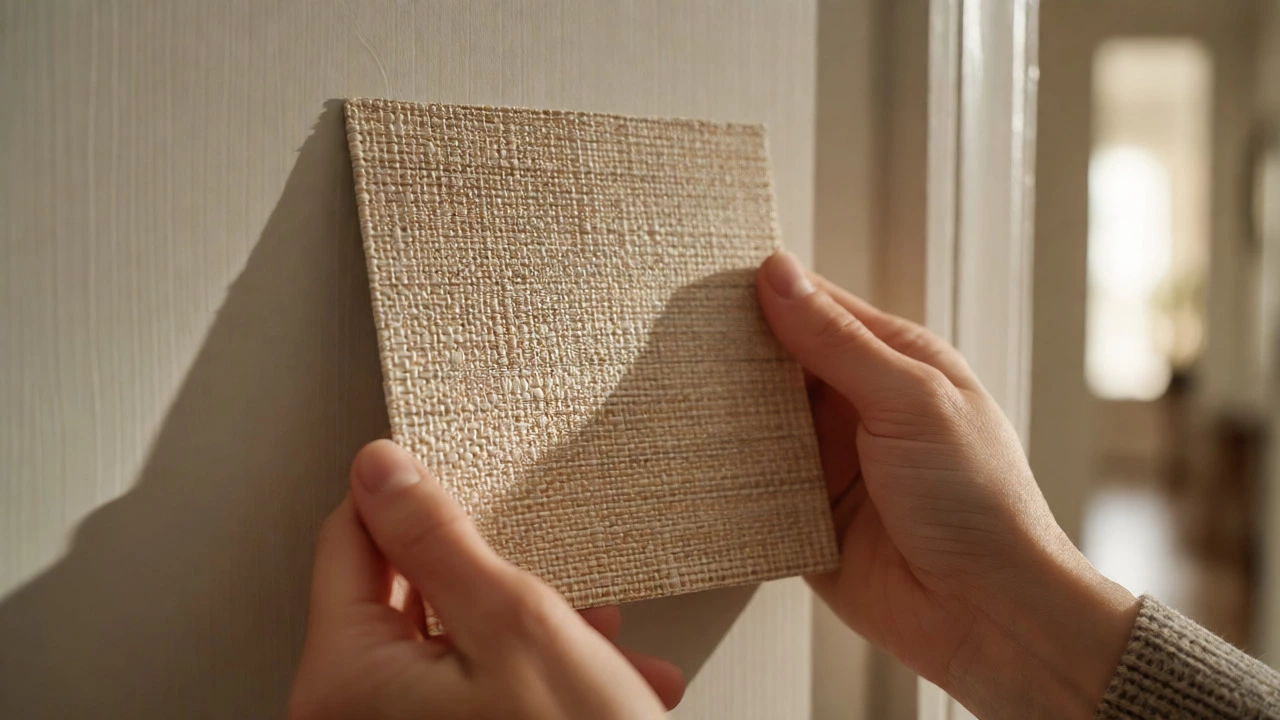 Hands holding a textured grasscloth wallpaper sample against a wall for lighting test.