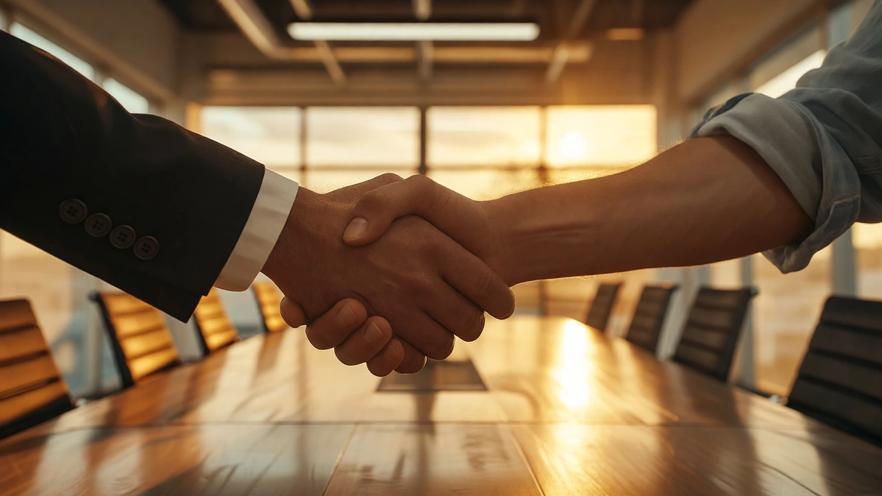 Handshake between owner and contractor signifying project completion and payment.