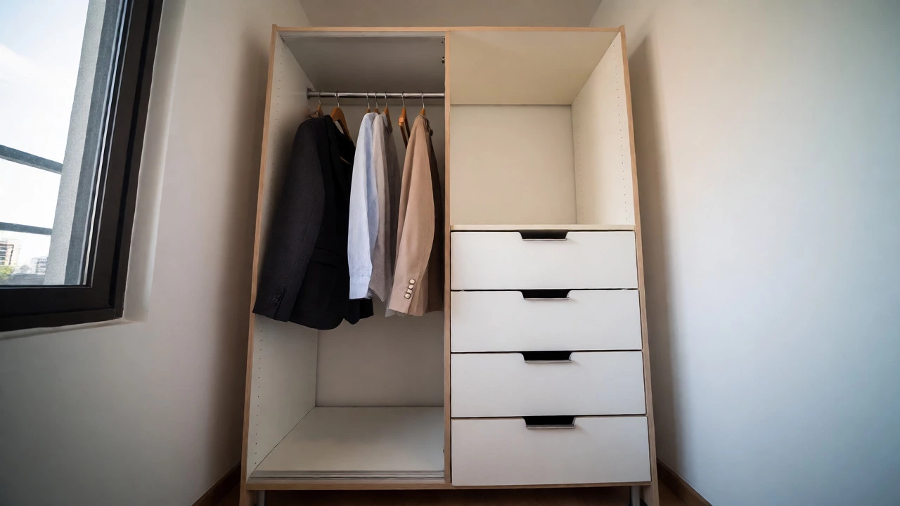 Hybrid chifforobe with hanging and drawer storage