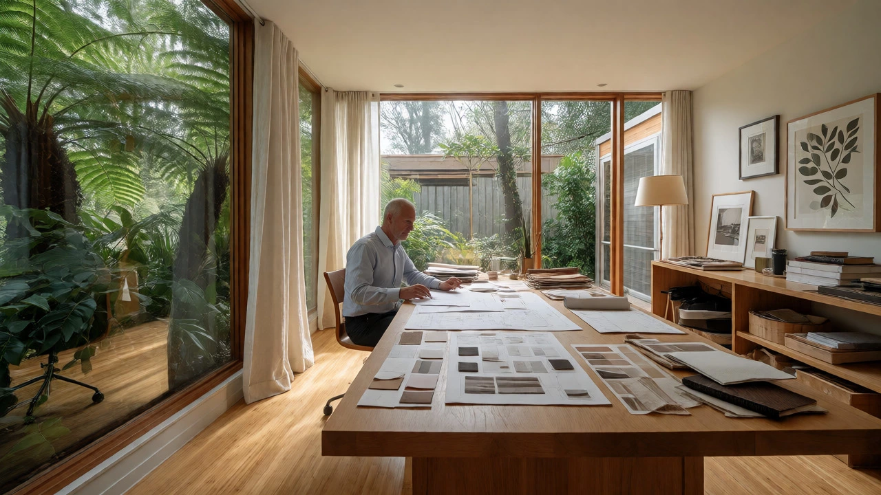 Interior designer working on plans in a sunlit NZ studio