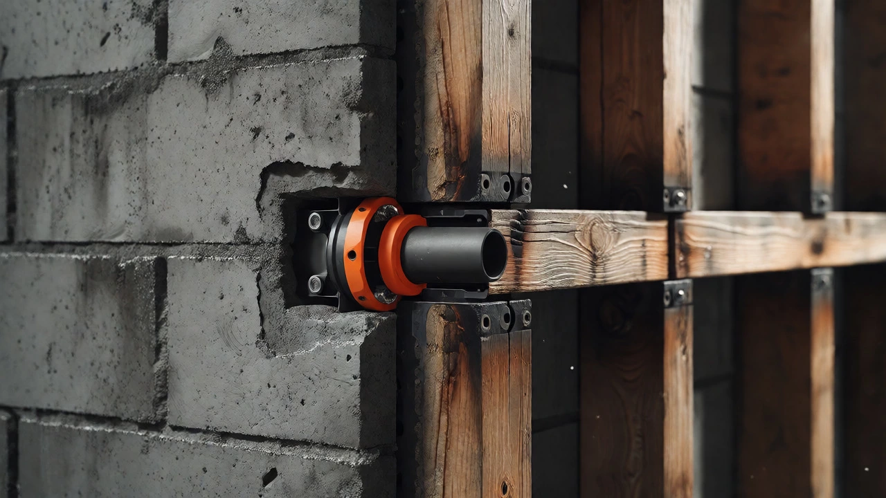Macro detail of fire-rated joint between concrete and timber construction