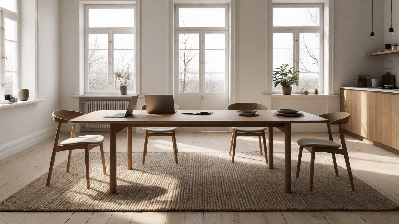 Modern open-plan living area with a multi-use table for work and dining.