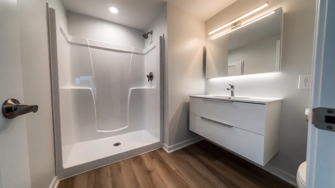 Modern small bathroom remodel featuring vinyl plank flooring and a clean shower.