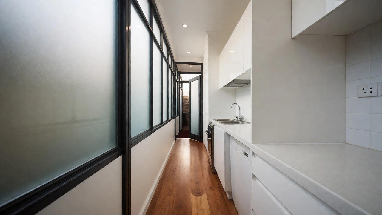 Narrow side return extension featuring frosted glass and compact utility design