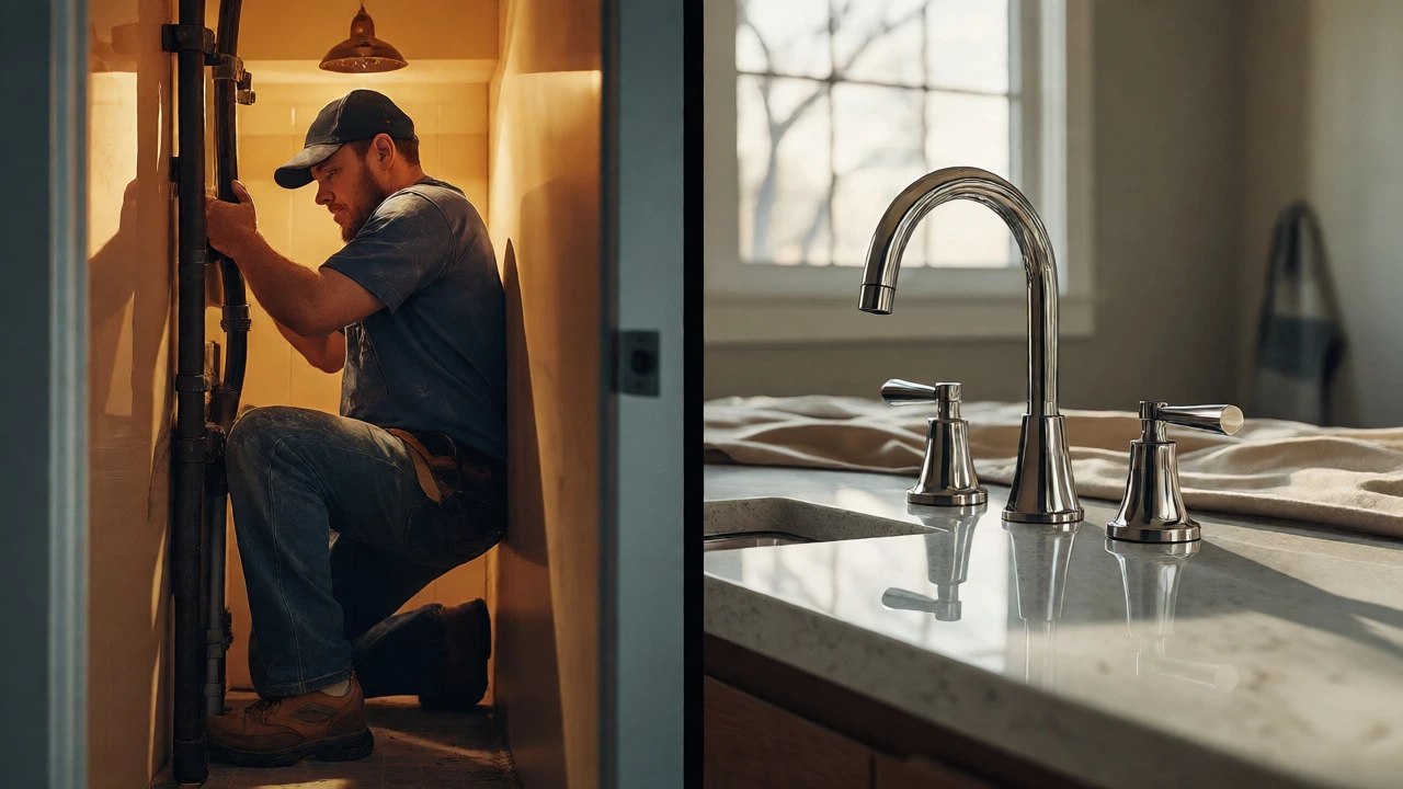 Plumber working in a tight space next to new chrome fixtures and quartz counters.