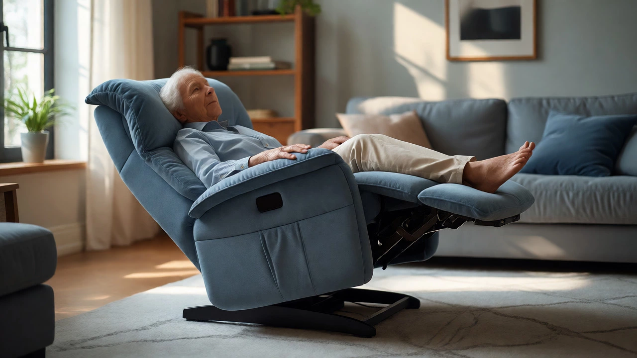 Senior relaxing in a power recliner with legs elevated in zero gravity position.