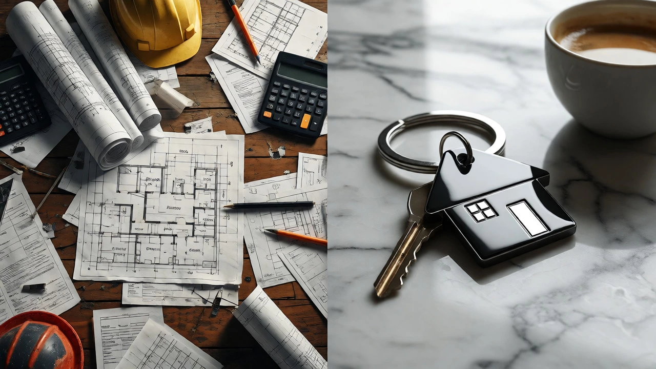 Split view showing messy blueprints and bills on one side versus a sleek house key on a counter.