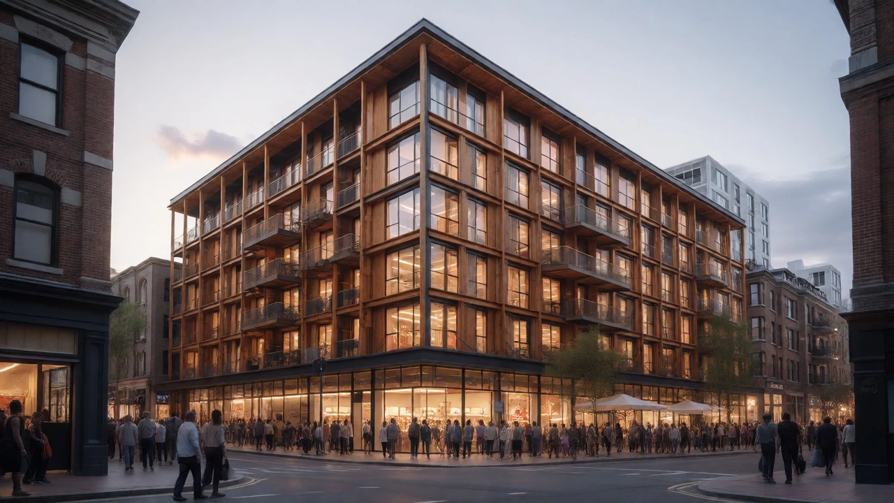 Street view of a mixed-use building with retail below timber residences