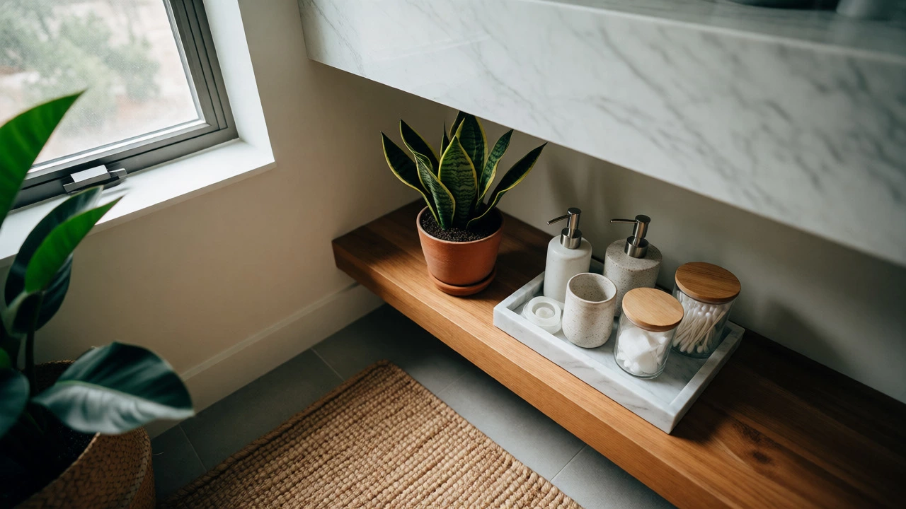 Stylish bathroom corner with plants, marble tray, and jute rug