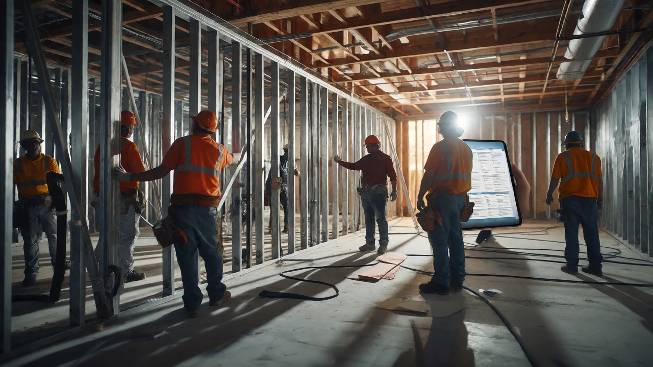 Workers installing framing during the active progress phase of a commercial build.